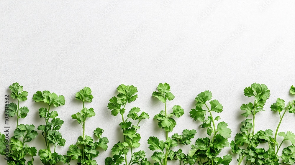 Poster Isolated on white background cilantro sprigs arranged in a star-like pattern to highlight their light green textures and side empty space for text Stockphoto style
