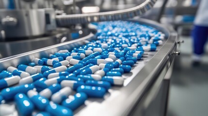 Fototapeta premium Pills Moving Along A Conveyor Belt In A Pharmaceutical Factory