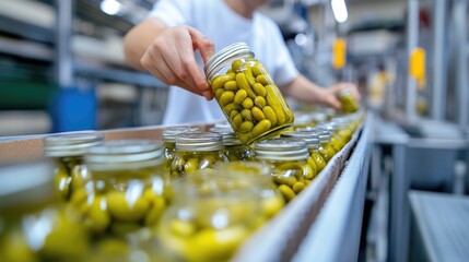 Conveyor Belt Filled with Jars of Olives in Food Factory