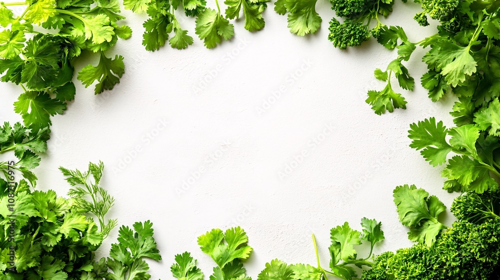 Poster Isolated on white background cilantro sprigs arranged in a star-like pattern to highlight their light green textures and side empty space for text Stockphoto style