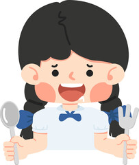 Kid girl hungry holding a fork and spoon