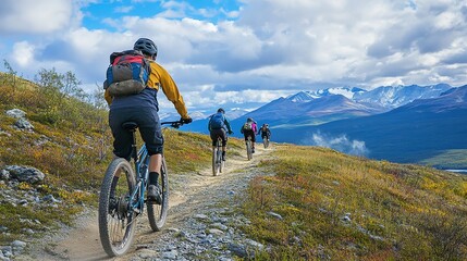 Fototapeta premium A mountain biking adventure in a national park, with travelers riding along rocky trails.