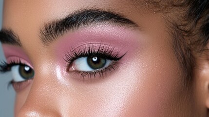 Obraz premium A woman with long eyelashes and green eyes is wearing pink eye shadow