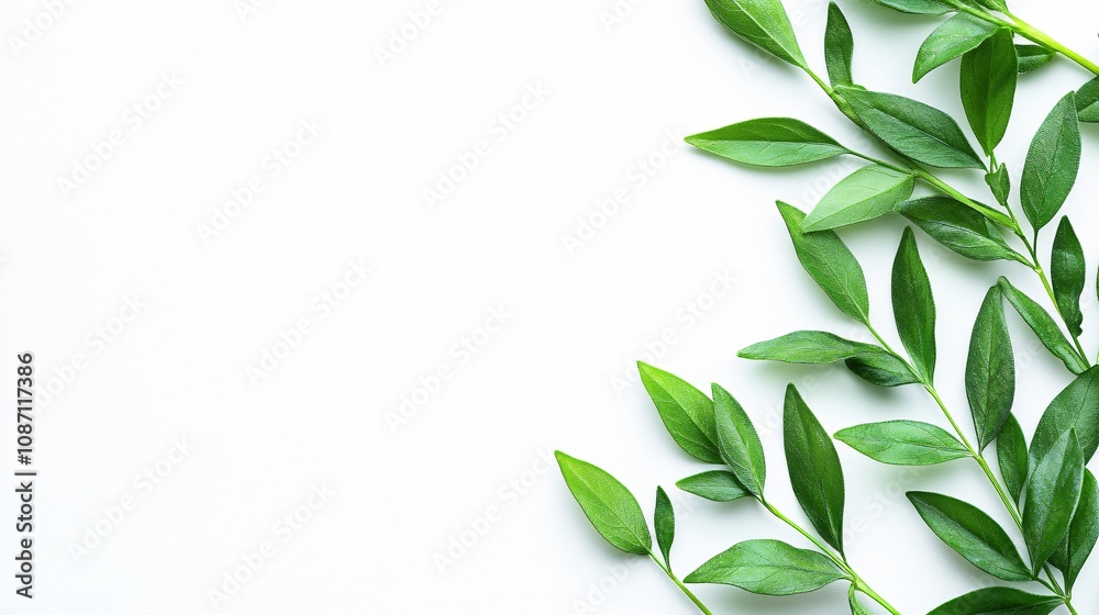 Aufkleber Isolated on white background cluster of fresh tarragon sprigs positioned upright showcasing their slender pointed leaves and side empty space for text Stockphoto style