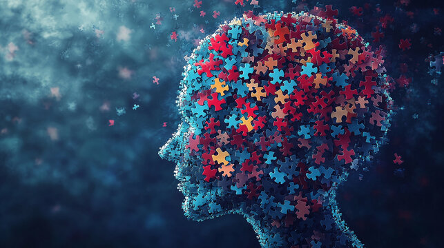 Silhouette of a head made of puzzle pieces, representing Alzheimer’s awareness, dementia, and mental health. Dark abstract background conveys complexity and emotion.