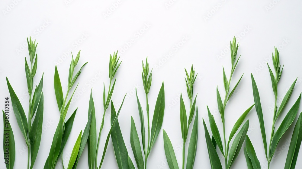Poster isolated on white background cluster of fresh tarragon sprigs positioned upright showcasing their sl