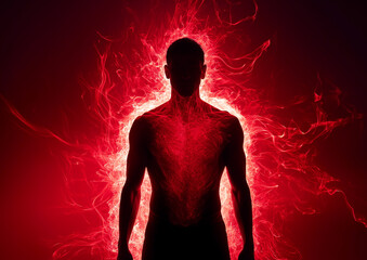 A powerful silhouette of a human figure with glowing fiery energy radiating from their body, symbolizing strength, passion, and inner power