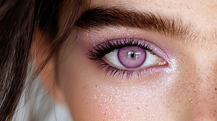 Fototapeta premium A woman with purple eyeshadow and long brown hair