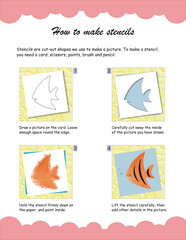 Stencil for children. Handmade Paper Craft Ideas. The project of children's creativity, crafts, crafts for children. Fish, wood carving, paper cut and printing. Vector illustration.