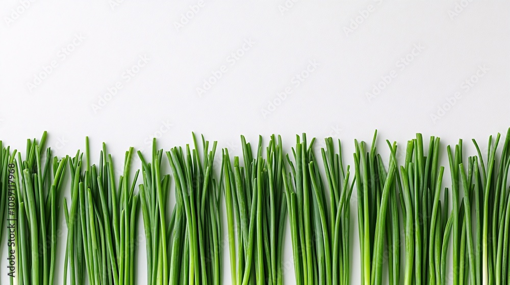 Poster Isolated on white background bunch of chives with clean-cut ends arranged in parallel lines for a modern herb look and side empty space for text Stockphoto style