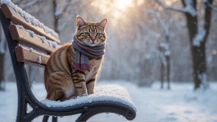 雪の日のマフラーをつけた猫