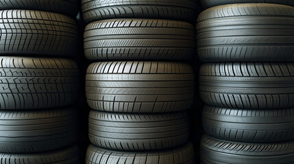 Obraz premium Stacked rows of various car tires with different tread patterns, arranged neatly in a warehouse or garage setting for automotive storage and selection purposes.