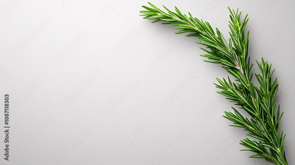 Aufkleber Isolated on white background single rosemary sprig placed horizontally with even needle alignment for simplicity and freshness and side empty space for text Stockphoto style