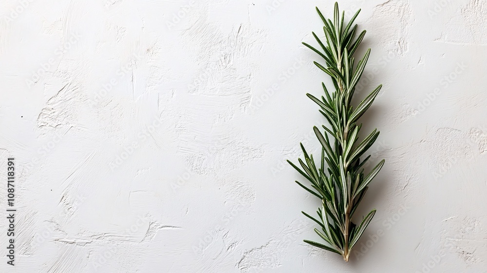 Poster Isolated on white background single rosemary sprig placed horizontally with even needle alignment for simplicity and freshness and side empty space for text Stockphoto style