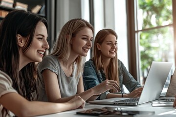 Fototapeta premium A group of business people are sitting around metting table an open laptop on the table in a modern office interior with panoramic windows.