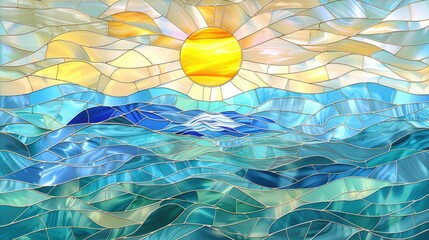 Stained glass window sun with blue sea