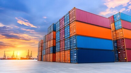 Stacked Shipping Containers at Sunset in Harbor Port for Import-Export Business