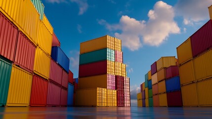 Stacked Shipping Containers in a Bustling Harbor Showcasing the Import-Export Business