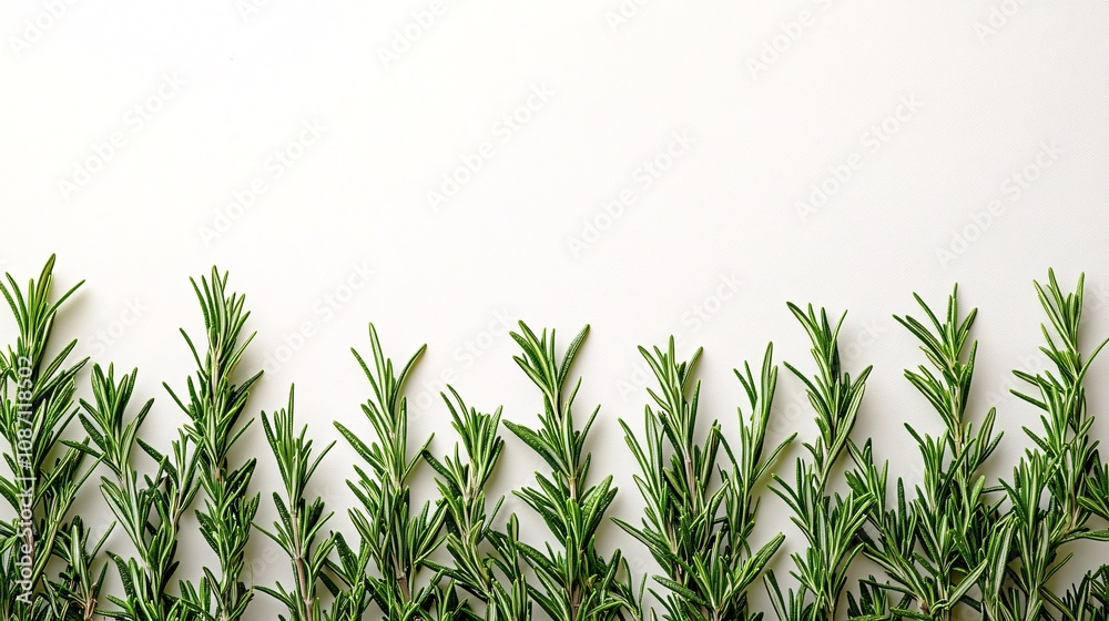 Aufkleber Isolated on white background single rosemary sprig placed horizontally with even needle alignment for simplicity and freshness and side empty space for text Stockphoto style
