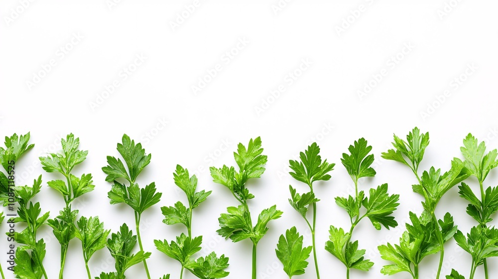 Poster Isolated on white background flat-leaf parsley with stems radiating from a single point in a natural fan-like spread and side empty space for text Stockphoto style