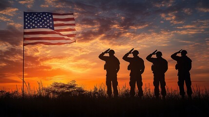 Silhouette of four soldiers saluting the American flag at sunset.