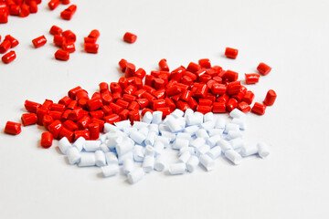 Red and white masterbatch granules cold cut type isolated white background,color pigment carrier...