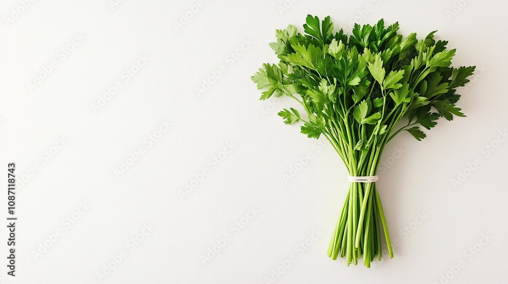 Aufkleber Isolated on white background flat-leaf parsley with stems radiating from a single point in a natural fan-like spread and side empty space for text Stockphoto style