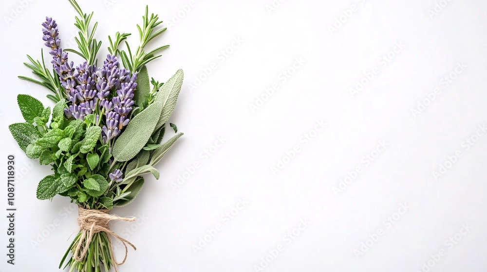 Aufkleber isolated on white background bouquet of herbs including sage rosemary and thyme tied with twine for 
