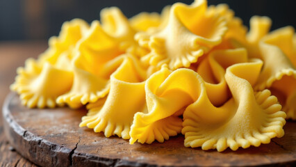 A close-up shot of freshly cut mafaldine pasta on a wooden surface.