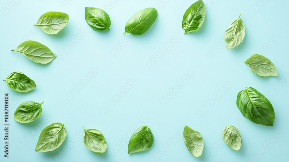 Aufkleber isolated on white background basil leaves overlapping in a loose circle to emphasize their smooth gl