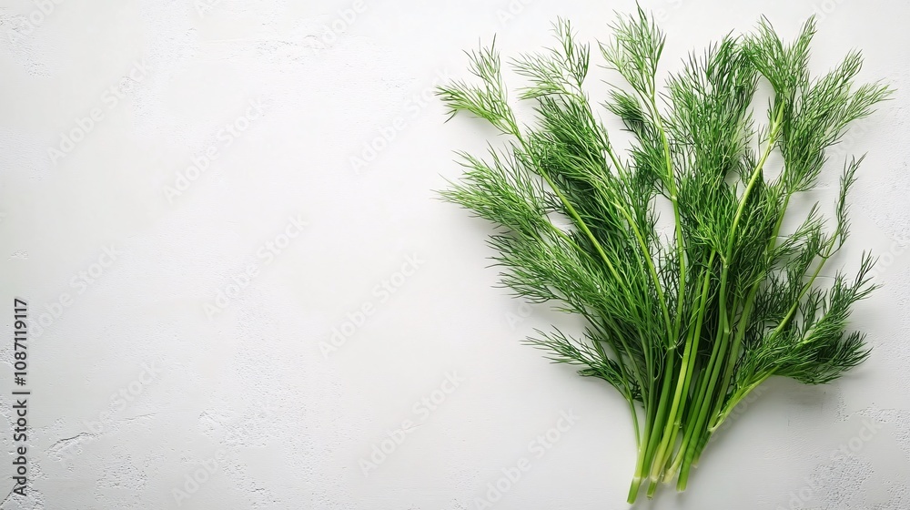 Poster Isolated on white background single dill sprig with its fine green leaves spread naturally for an elegant minimalist composition and side empty space for text Stockphoto style