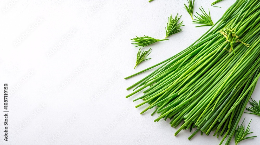 Poster isolated on white background chives laid out in parallel on a white cutting board for a clean culina