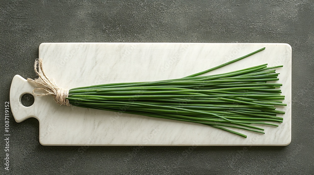 Poster isolated on white background chives laid out in parallel on a white cutting board for a clean culina