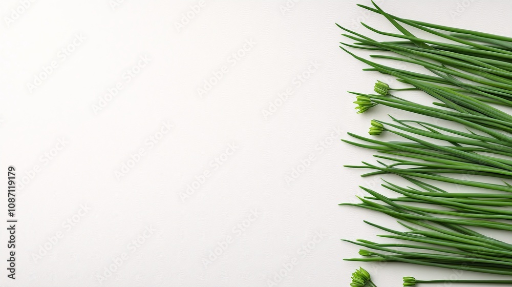 Poster isolated on white background chives laid out in parallel on a white cutting board for a clean culina