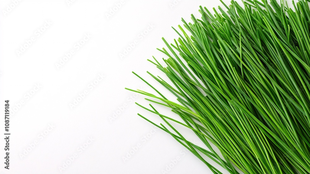 Aufkleber isolated on white background chives laid out in parallel on a white cutting board for a clean culina