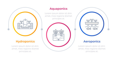 Vertical farming infographic circles. Hydroponics, aquaponics. Urban farm, agriculture. Editable thin line icons diagram process with 3 steps. Montserrat-SemiBold, Regular fonts used