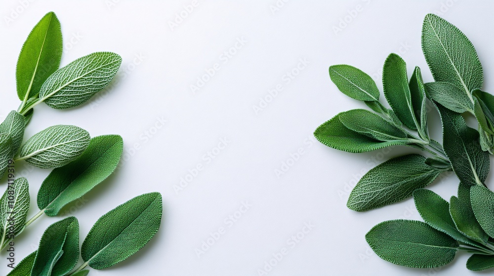 Poster isolated on white background fresh sage leaves stacked in a cascading arrangement emphasizing their 