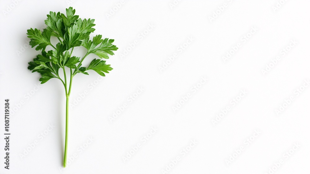 Poster Isolated on white background flat-leaf parsley sprig placed upright with small water droplets highlighting freshness and side empty space for text Stockphoto style