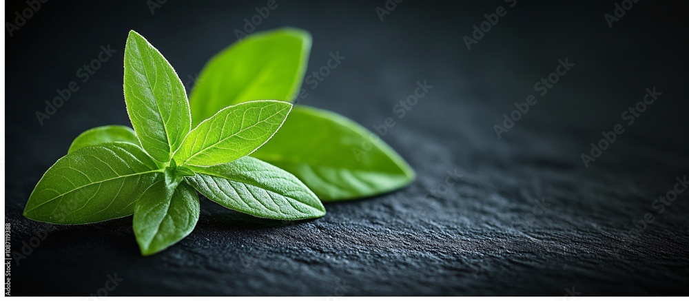 Poster isolated on white background sprigs of marjoram fanned out gently with a focus on their soft delicat