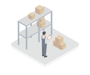 Delivery service concept in 3d isometric design. Man working in logistic company, loading parcel boxes at storage shelves in warehouse. Vector illustration with isometry people scene for web graphic
