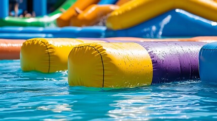 Colorful Inflatables at a Vibrant Water Park,Embodying Family Summer Fun