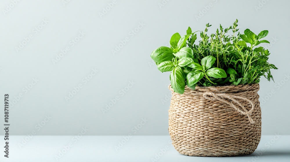 Poster Isolated on white background bundle of mixed fresh herbs neatly tied with string including basil rosemary and parsley for variety and vibrance and side empty space for text Stockphoto style