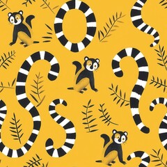 Playful Minimalist Lemur Pattern with Black and White Elements on Bright Yellow Background for Modern Fabric Design, Textiles, and Creative Projects