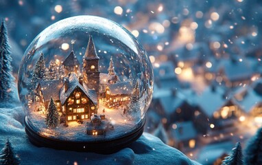 Snow Globe World: A detailed and magical snow globe containing a tiny festive village, set against a snowy backdrop. 