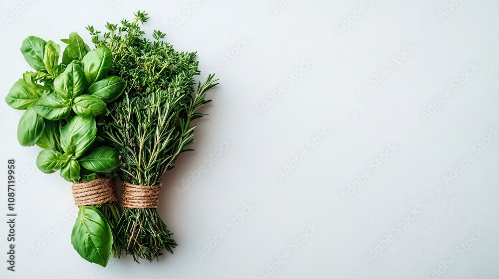 Poster Isolated on white background bundle of mixed fresh herbs neatly tied with string including basil rosemary and parsley for variety and vibrance and side empty space for text Stockphoto style