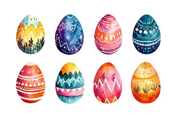 Eight Watercolor Easter Eggs with Unique Designs; Festive Spring Holiday Decorations.
