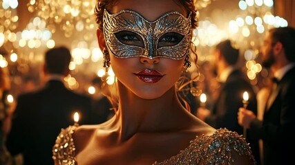 New Yearâ€™s Eve masquerade ball with guests in elegant masks and attire, dancing under chandeliers and sparkling lights. . 4K Video - Powered by Adobe