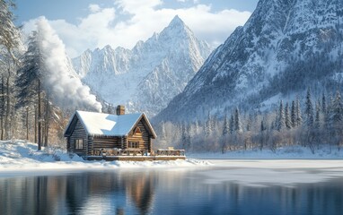 Fototapeta premium Rustic Winter Cabin: A charming wooden cabin with a steep snow-covered roof, nestled on the edge of a frozen lake, surrounded by towering snow-dusted mountains. Smoke gently rises from the chimney. --