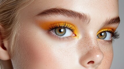 Fototapeta premium A woman with yellow eyeshadow and green eyes