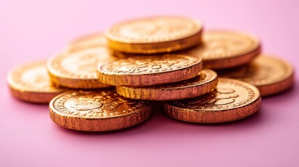 A pile of shiny gold coins on a pink background.
